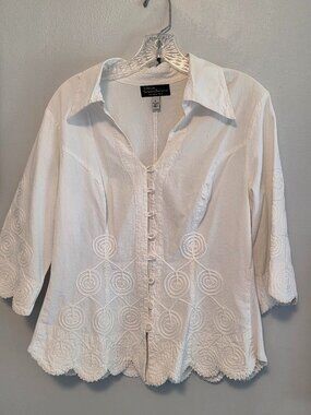 Elegant White Embroidered Button Down Long Sleeve Blouse Scalloped cuffs